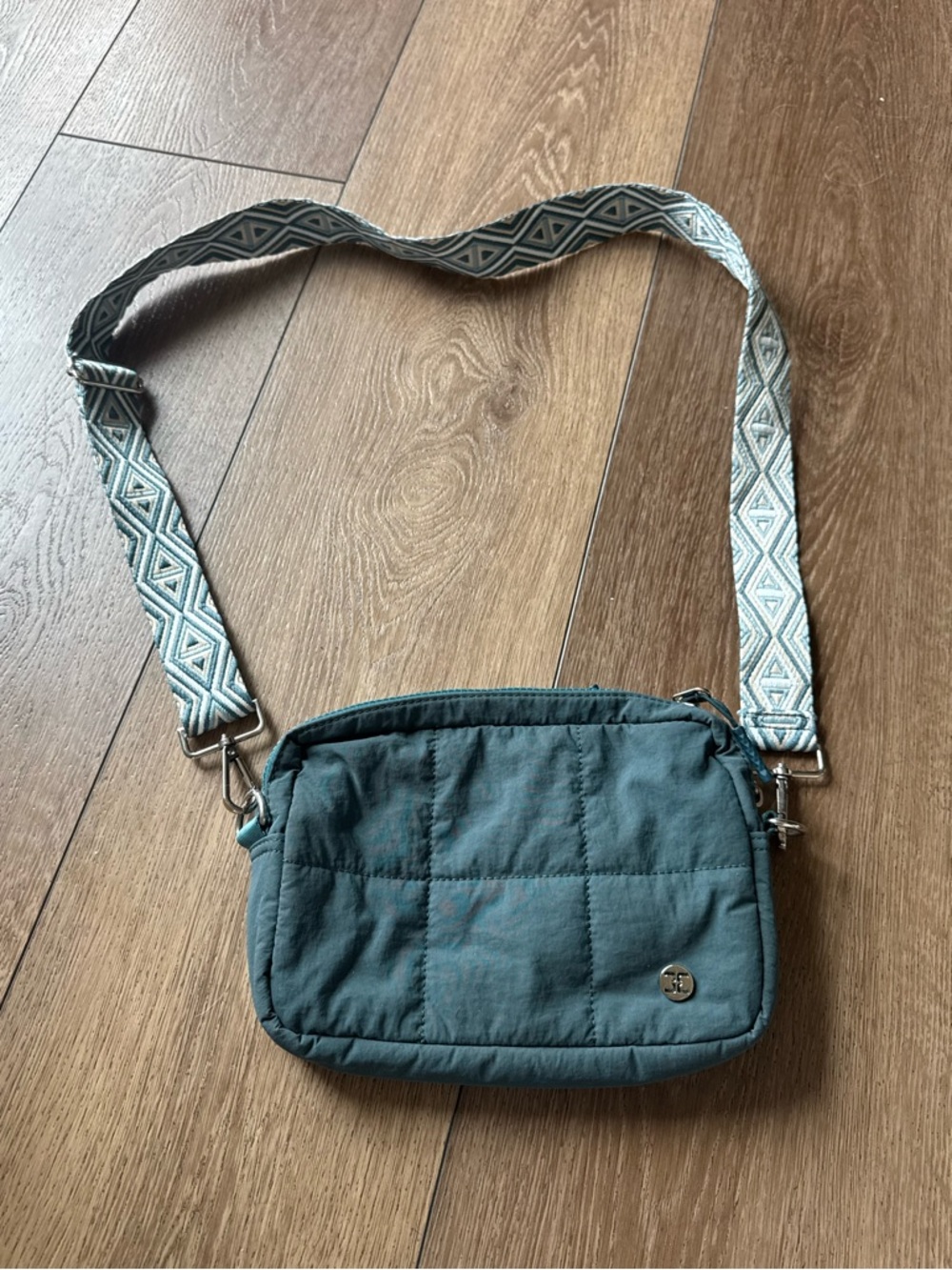 Telena Quilted Teal Crossbody Bag with Patterned Strap